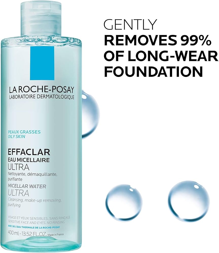 La Roche-Posay Effaclar Micellar Water fles met tekst van werkzaamheden van het product.